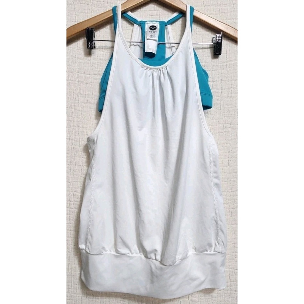 Roxy Aligned Two In One White Teal Tank Bra Beach Active Summerβ Swim Sz S NWT